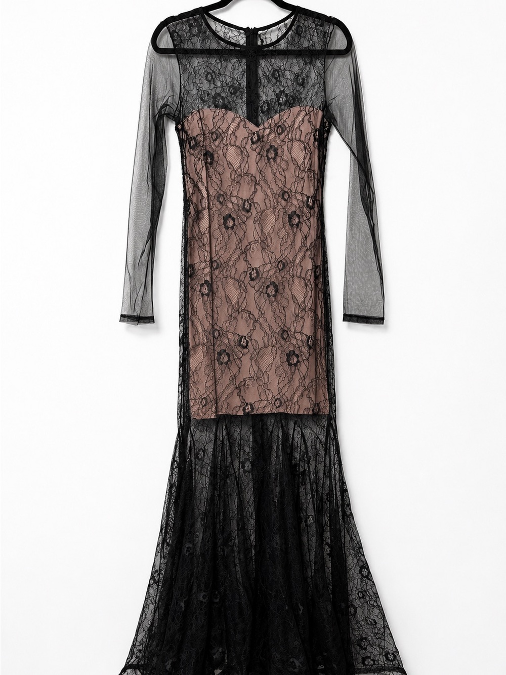 Kikiriki Black Stretch Lace Long-Sleeve Evening Dress with Caramel Lining